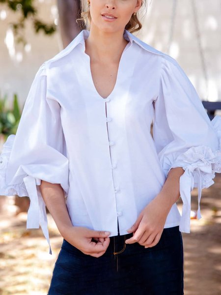 Elegant Lantern Sleeve Plain Loose Blouse, White, Blouses and Shirts