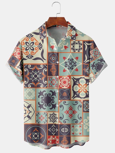 Men's Geometric Print Casual Short Sleeve Hawaiian Shirt with Chest Pocket, As picture, Men's Floral shirt