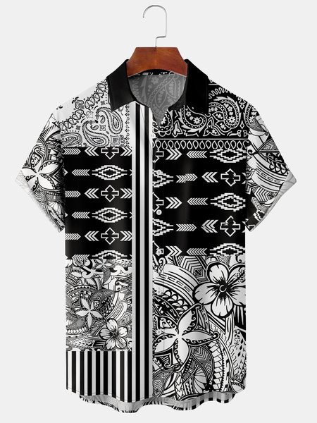 Men's Casual Short Sleeve Hawaiian Shirt with Chest Pocket, Black, Men's Floral shirt