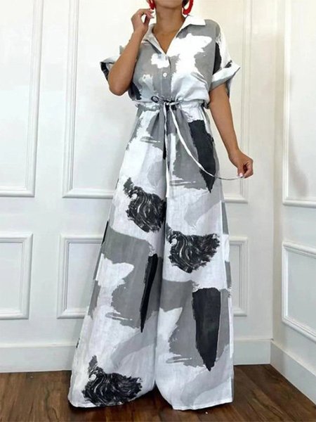 Abstract Simple Fit Short Sleeve Jumpsuit, Gray, Wide Leg Pants