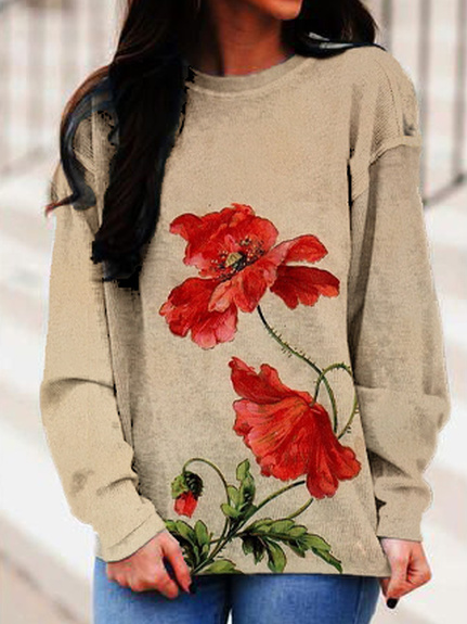 Floral Casual Crew Neck Sweatshirts, Khaki, Hoodies & Sweatshirts