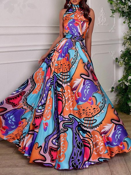 Vacation Elegant Abstract Printed Stand Collar Dress, As picture, Maxi Dresses