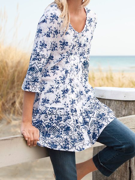 Cotton-Blend Floral Casual Blouse, White, Shirts & Blouses