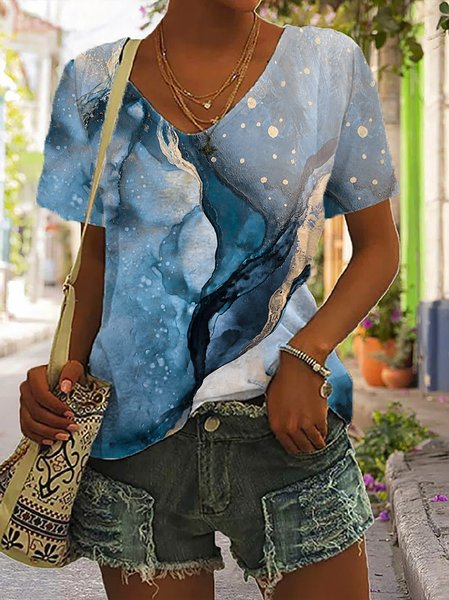 Ombre Loose V Neck T-Shirt, Blue, T-Shirts