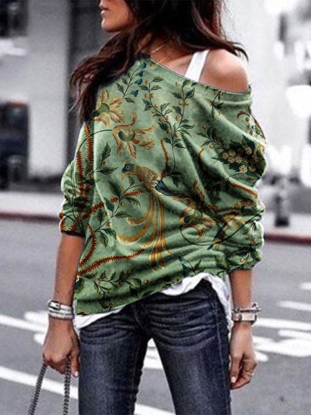 Casual Crew Neck Loose Bird Sweatshirts, Green, Sweatshirts & Hoodies