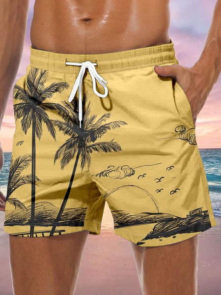 Men's Coconut Print Beach Pants, Yellow, Men's shorts