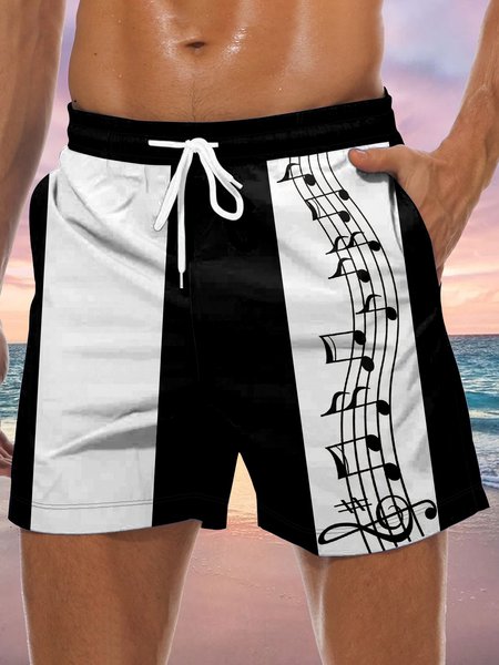 Men's musical note music element print casual vacation beach pants, Black, Men's shorts