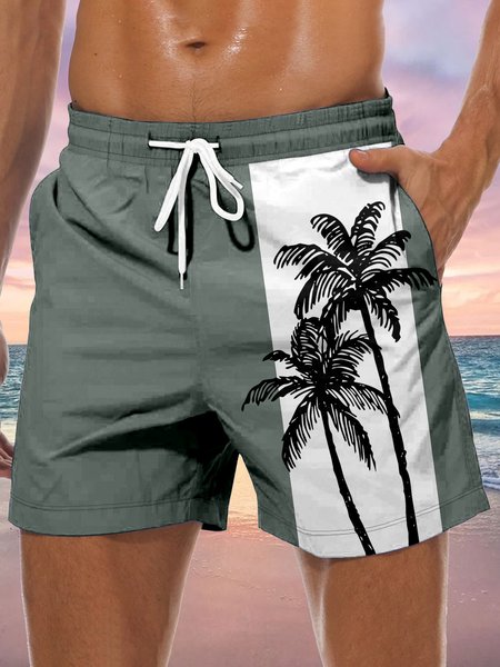 Men's Coconut Tree Element Graphic Print Casual Vacation Beach Shorts, Blue, Men's shorts
