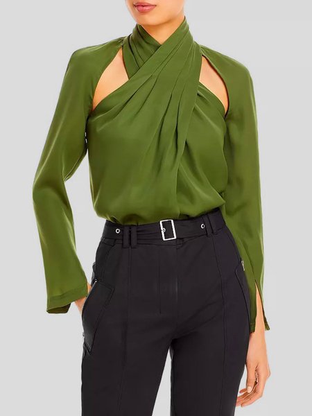 Urban Plain Cross Neck Loose Cutout Top, Green, Tops