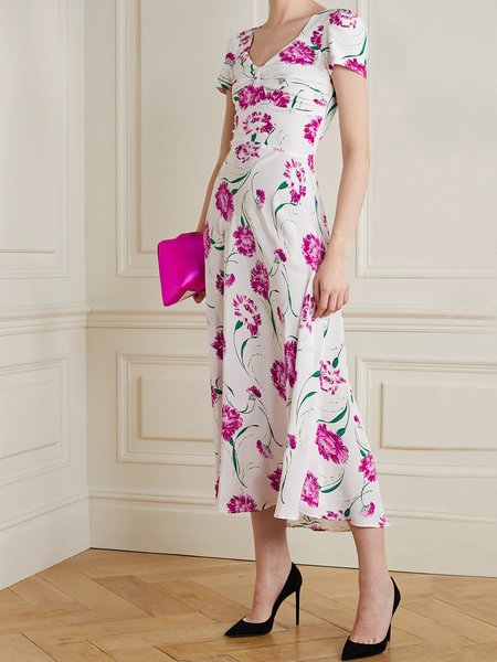 Elegant V Neck Short Sleeve Floral Printed Dress, Rose red, Maxi Dresses