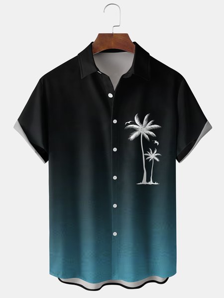 Men's Gradient Coconut Tree Print Casual Breathable Hawaiian Short Sleeve Shirt, Black-green, Men's Floral shirt