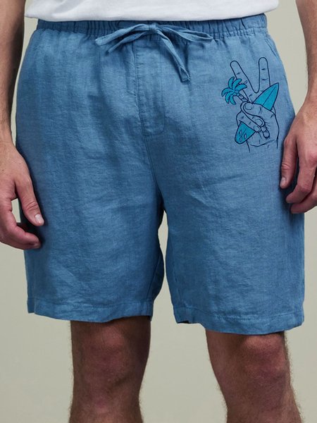 Cotton And Linen Plain Casual Shorts, Sky blue, Men's shorts