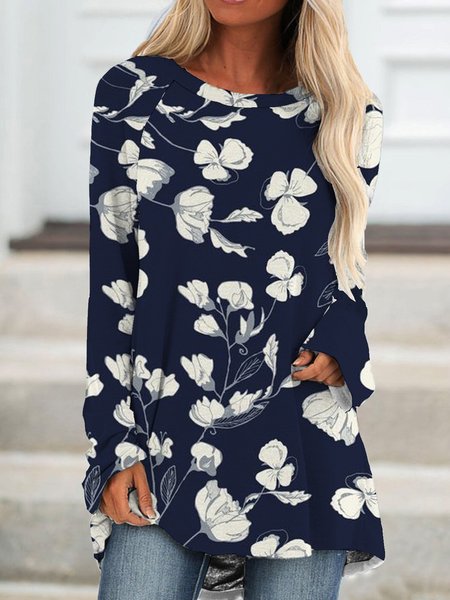Loose Floral Casual T-Shirt, Dark blue, T-Shirts