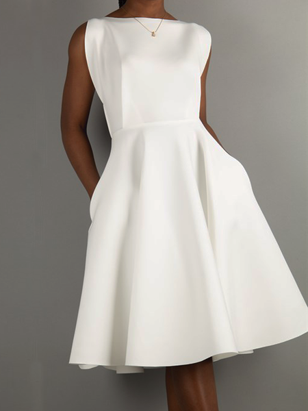 Summer Holiday Sleeveless X-Line Boat Neck Dresses, White, Midi Dresses 
Summer Holiday Sleeveless X-Line Boat Neck Dresses, White, Midi Dresses