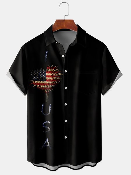 Men's American Flag Graphic Print Short Sleeve Shirt, Black, Men's Floral shirt