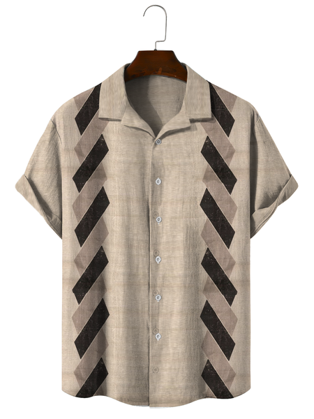 Cozy linen shirt with cotton and linen geometric stripes, As picture, Men's Floral shirt