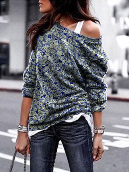 Floral Casual Crew Neck Sweatshirts, Dark blue, Sweatshirts & Hoodies