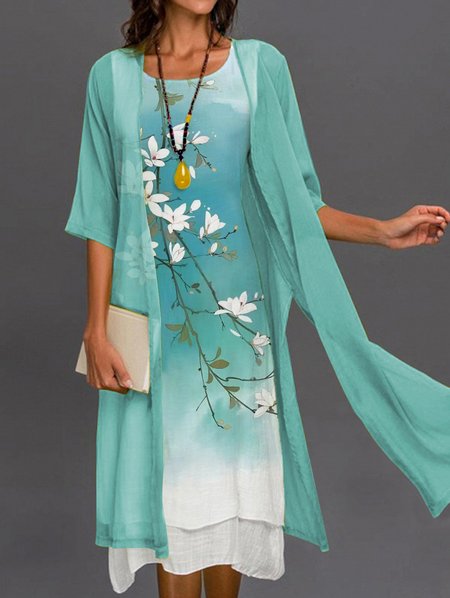 Fit Crew Neck Linen Two-Piece Dresses, Green, Dresses