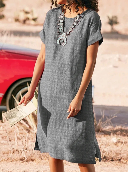 Casual Crew Neck Cotton Dresses, Gray, Dresses