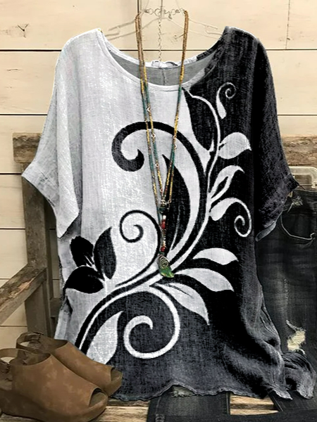 Casual Loose Crew Neck Floral Tops, Black, Shirts & Blouses