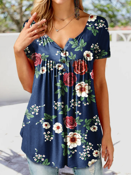 Casual Floral Loose Crew Neck Tops, Dark blue, Shirts & Blouses