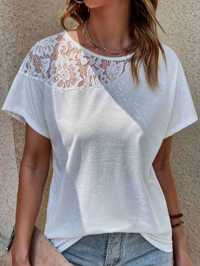 Lace Plain Casual Fit Crew Neck T-Shirt, White, Tees & T-shirts