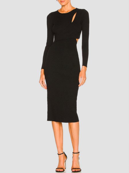 Urban Crew Neck Plain Long Sleeve Cut-outs Dress, Black, Midi Dresses