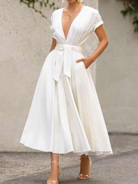 Elegant Deep V Short Sleeve Woven Dress, White, Maxi Dresses