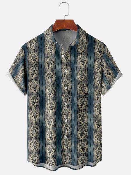 Men's Geometric Print Casual Short Sleeve Hawaiian Shirt with Chest Pocket, Blue, Men's Floral shirt