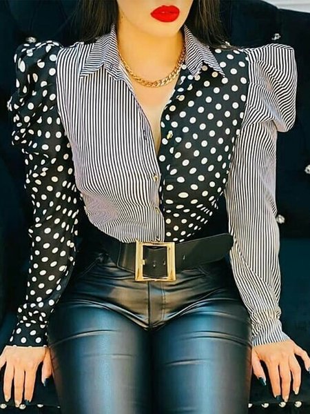 Shirt Collar Urban Polka Dots Long Sleeve Blouse, Black, Blouses and Shirts