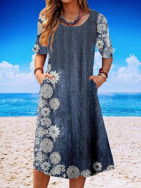 Round Neck Casual Loose Floral Print Resort Short Sleeve Midi Dress, Blue, Dresses