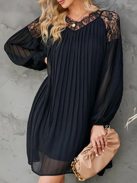 Elegant Long Sleeve Plain V Neck Mini Dress, Black, Mini Dresses