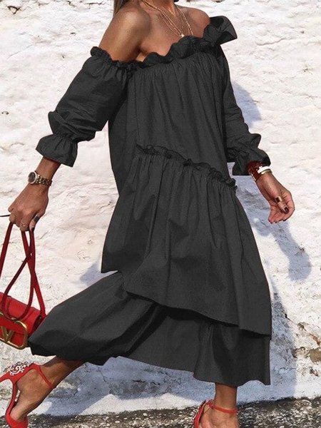 Loose Plain Cold Shoulder Long Sleeve Midi Dress, Black, Maxi Dresses
Loose Plain Cold Shoulder Long Sleeve Midi Dress, Black, Maxi Dresses