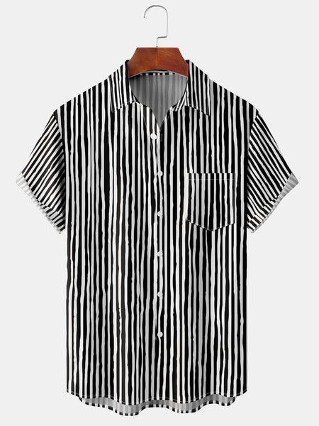 Mens Striped Front Buttons Soft Breathable Chest Pocket Casual Hawaiian Shirts, Black, Men's Floral shirt