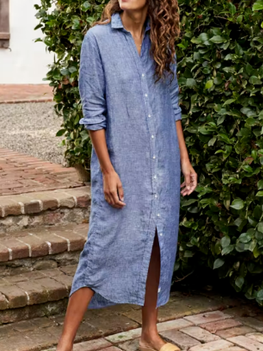 Plain Casual Loose Shirt Collar Dresses, Blue, Midi Dresses