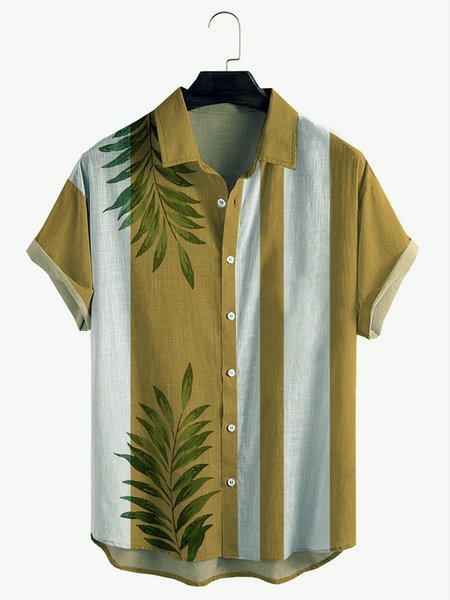 Cotton And Linen Holiday Leisure Short-sleeved Shirt, As picture, Men's Floral shirt