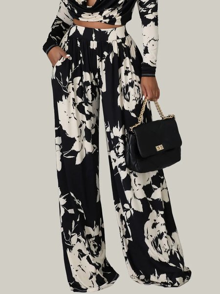 Floral Printed Pockets Fashion Wide Leg Pants, Black, Wide Leg Pants