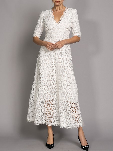 Elegant Plain V Neck Half Sleeve Eyelet Dress, White, Maxi Dresses