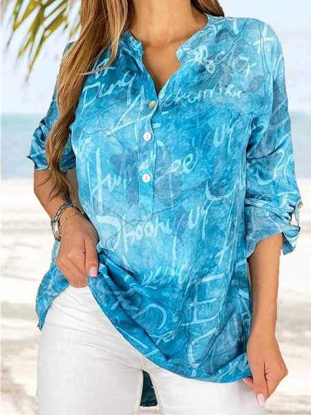 Loose Text Letters Casual Blouse, Blue, Blouses & Shirts