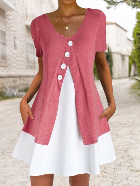 Plain color contrast button fake two short dresses plus size, Pink-white, Mini Dresses
Plain color contrast button fake two short dresses plus size, Pink-white, Mini Dresses