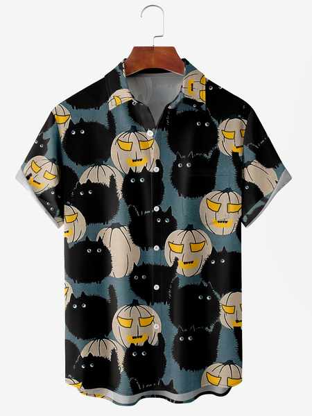 Men's Pumpkin Cat Print Wrinkle Resistant Moisture Wicking Fabric Lapel Short Sleeve Hawaiian Shirt, Blue, Men's Floral shirt