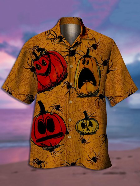 Men's Pumpkin Print Casual Fabric Lapel Short Sleeve Hawaiian Shirt, Light coffee, Men's Floral shirt