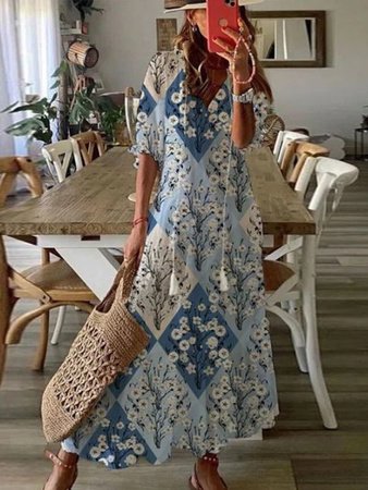V Neck Geometric Floral Casual Dresses, Blue, Dresses
