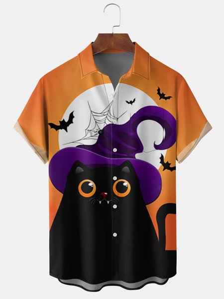 Men's Halloween Cat Graphic Print Short Sleeve Shirt, Orange, Men's Floral shirt
