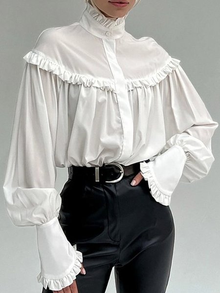 Lotus Leaf Collar Daily Long sleeve Lotus Leaf Collar Fit Top, White, Tops