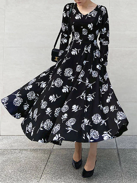 Autumn V neck Long sleeve Elegant Floral Loose Daily Dresses, Black, Maxi Dresses