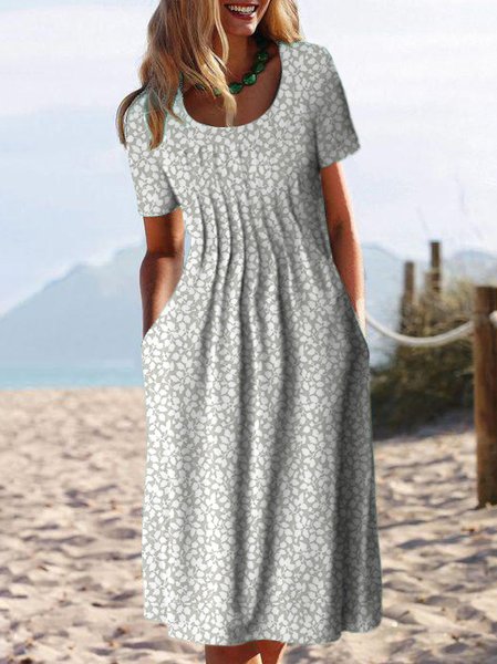 JFN Round Neck Pockets Floral Casual Midi Dresses, Aqua, Dresses