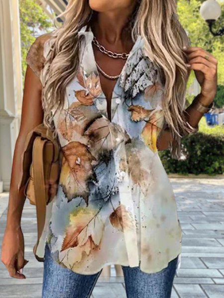 Shirt Collar Loose Leaf Blouse, Multicolor, Shirts & Blouses
