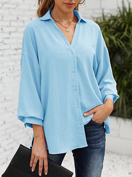 Basic Plain Casual Loose T-Shirt, Blue, Blouses & Shirts