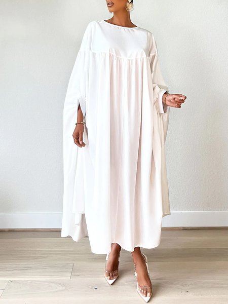 White Long Daily Crew Neck Loose Simple Dress, Maxi Dresses